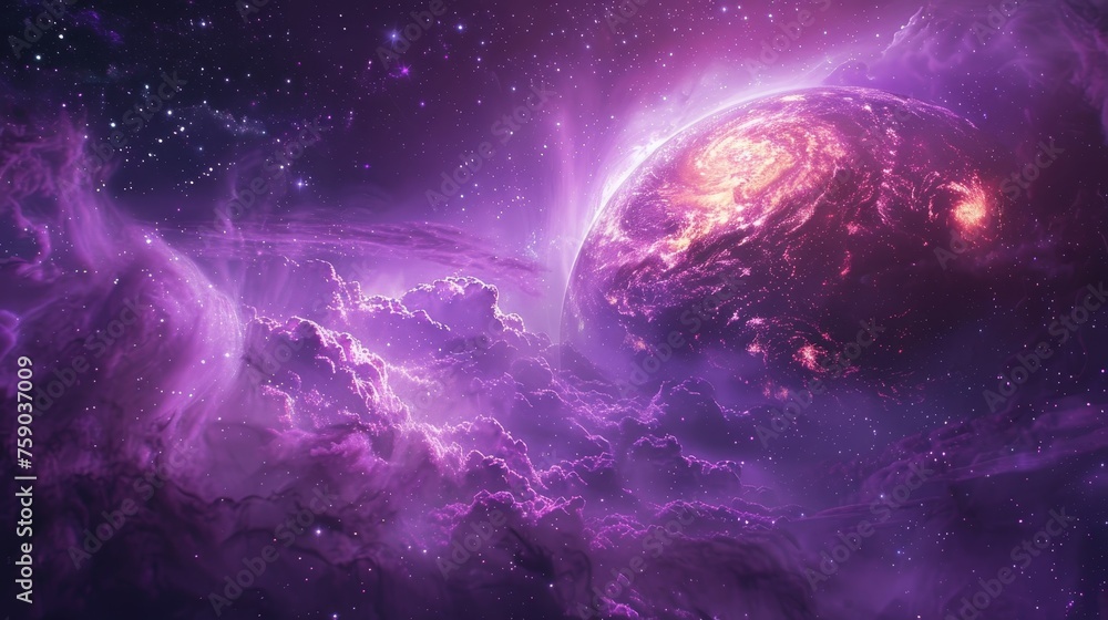 The stunning scene of a luminous purple planet shrouded by a cosmic veil of swirling nebulae and star dust in a vast universe.