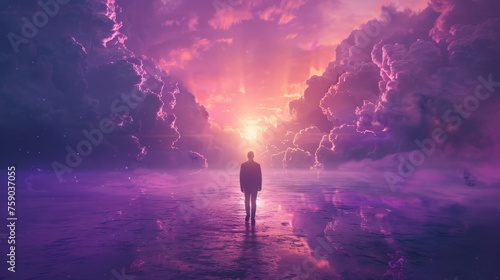 An individual stands enveloped in serenity, witnessing a stormy cosmic sunset that bathes the clouds in shades of purple and pink.