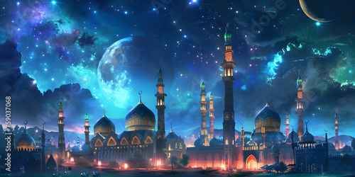 Ramadan Kareem Eid Mubarak royal mosque moon and mosque in front of night cloudy,A Beautiful Mosque with Cinematic moon best background for islamic events.