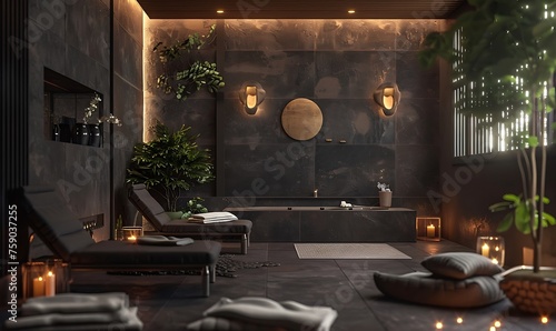 a serene 3D rendering of a modern spa retreat, infused with Daz3D aesthetics, 