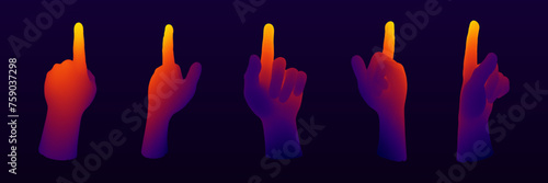 Middle Finger Sign Gesture. Outrageous and Contempt Fuck You Symbol Hand. Gradient Vector Illustration. Set of Colorful 3D Hands.