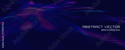 Abstract Sound Wave Background. Glowing Particles Musical Wave. Digital Network Cyber Big Data Flow. 3D Surface Vector Fields. Vector Illustration. Virtual Reality Cyber Space Metaverse Backdrop.