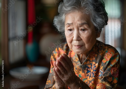 An Asian senior woman massaging her palm 