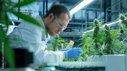 A scientist in a white lab coat examines cannabis plants, working in a modern laboratory with technical equipment