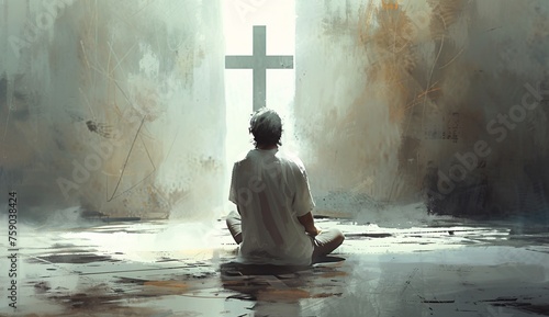 a person sitting in front of a cross