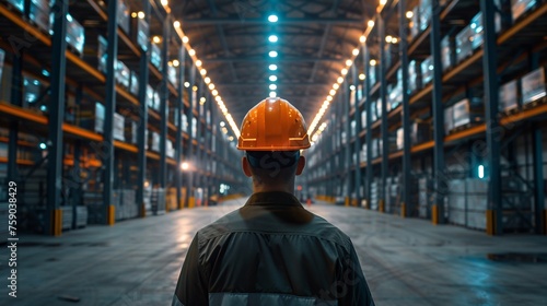 a man wearing a hard hat in a warehouse photo