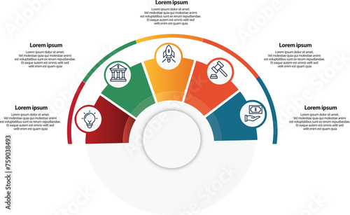 Collection of vector circle chart infographic templates for presentations, advertising, layouts, annual reports. 5 options, steps, parts