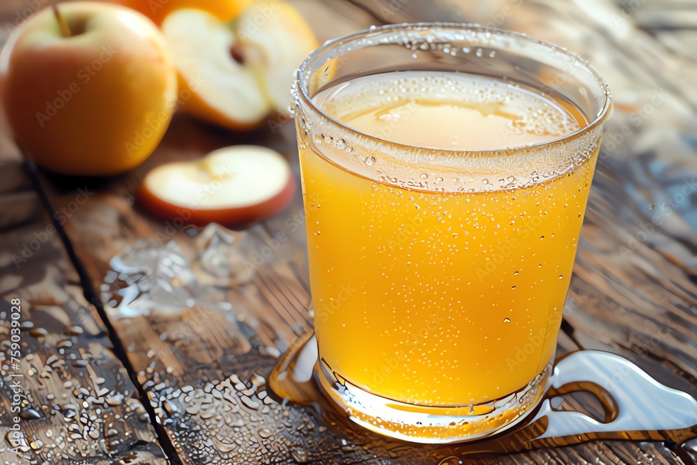 Glass of apple juice is on the table
Glass of apple juice is on the table