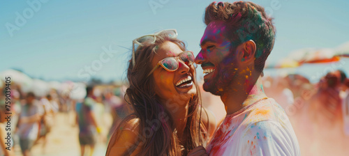 Joyful couple sharing laughter at colorful holi festival celebration