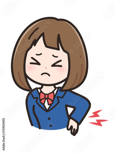 腰痛で腰を押さえる女子学生のイラスト