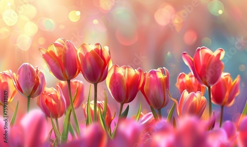 Vibrant tulips blooming background, space for text.