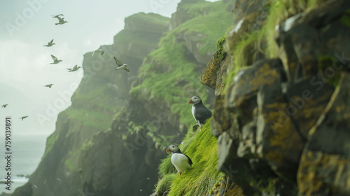 Puffins on the Cliffs, puffin bird
