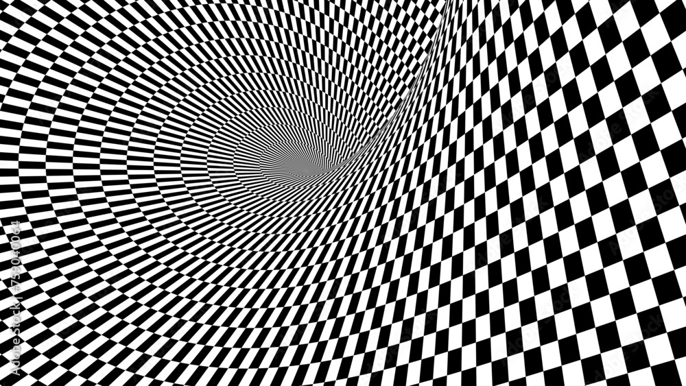 Abstract Black and White Pattern with Tunnel. Contrasty Optical Psychedelic Illusion. Optical Art Gravity Vortex. Smooth Checkered Tunnel and Chessboard in Perspective. Vector 3D Illustration. Abstract Black and White Pattern with Tunnel. Contrasty Optical Psychedelic Illusion. Optical Art Gravity Vortex. Smooth Checkered Tunnel and Chessboard in Perspective. Vector 3D Illustration.