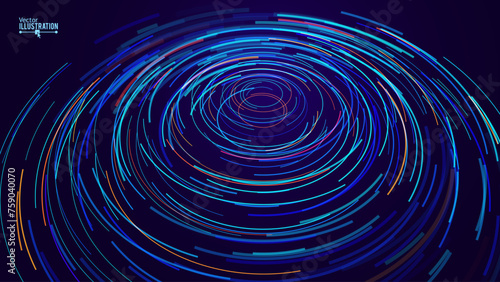 Big Data Visualization. Circular Particles With Trails Vortex. Futuristic Science or Finance Infographic Design. Complex Visual Data Background. Abstract Data Flowing. Vector Illustration.