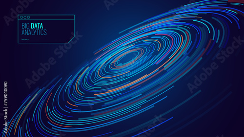 Abstract Digital Circles of Particles. Futuristic Circular Sound Wave. Big Data Visualization. 3D Virtual Space VR Cyberspace. Crypto Currency Blockchain Concept. Vector Illustration.