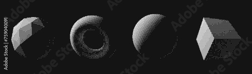 Abstract Graphic Design 3D Forms Elements. Trendy Shapes Sphere, Torus, Cube with Bitmap Raster Dithering Effect. Y2K Geometric Shapes. Brutalist Design. Vector Dither Gradient Effect.