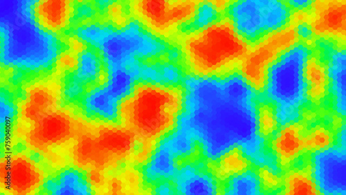 Heat Map Hexagonal Background. Infrared Thermal Camera Hexagon Landscape Scan. Temperature Scanner Radar Global Warming Concept. Vector Illustration.
