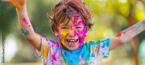 Joyful child celebrating holi festival with vibrant colors and smiles