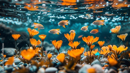 a group of fish swimming next to a bunch of flowers in a body of water with bubbles on the water surface.