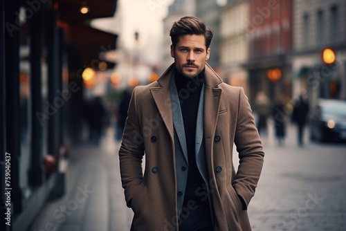 Generative AI image of elegant handsome businessman walking on city street urban style photo