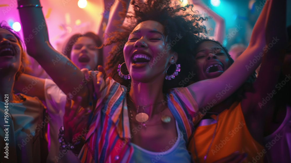 Obraz premium A group of friends dancing and singing along at a concert party, their arms around each other's shoulders as they move to 