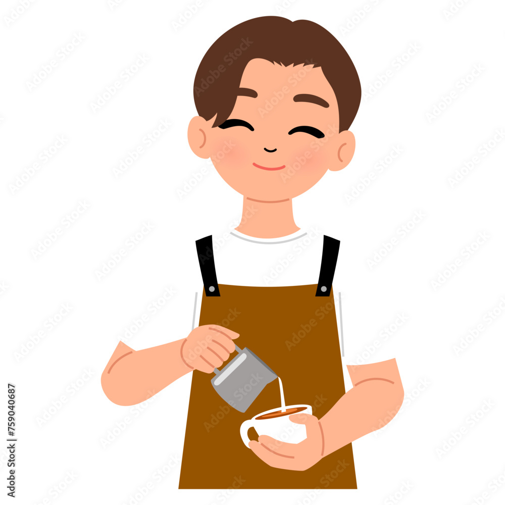 barista male wearing brown apron making late coffee character illustration barista male wearing brown apron making late coffee character illustration