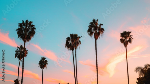 Modern city street with palm trees, malibu sunset sky, blue, orange and pink, natural light, shadow play, background, texture, wallpaper © Goodwave Studio
