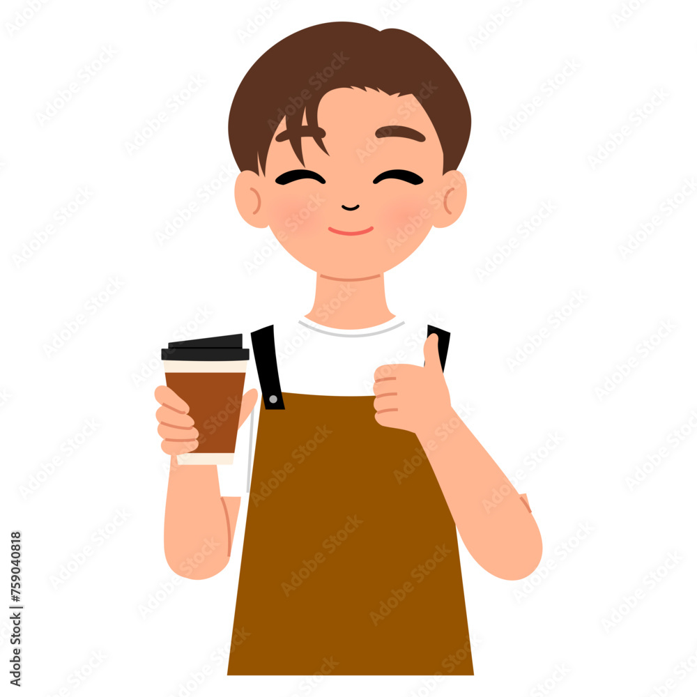 barista male wearing brown apron holding a coffee cup character illustration barista male wearing brown apron holding a coffee cup character illustration