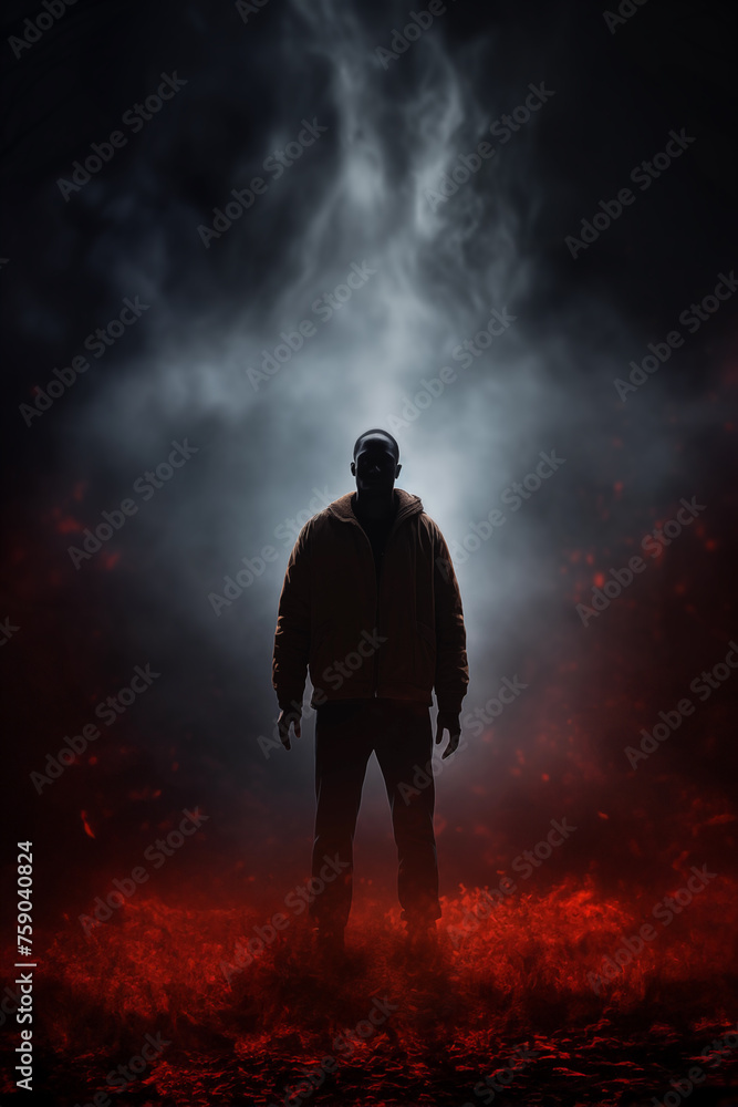 Young black man silhouette lost in the horror forest. Cinematic horror movie style concept. Foggy dark paranormal background. Halloween themed. Back light glowing ghostly mood. 