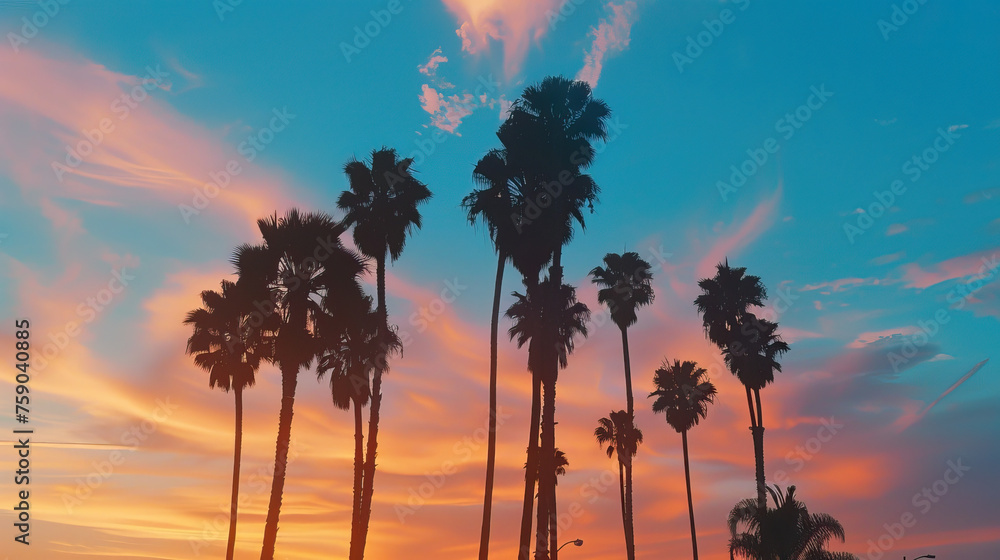 Modern city street with palm trees, malibu sunset sky, blue, orange and pink, natural light, shadow play, background, texture, wallpaper