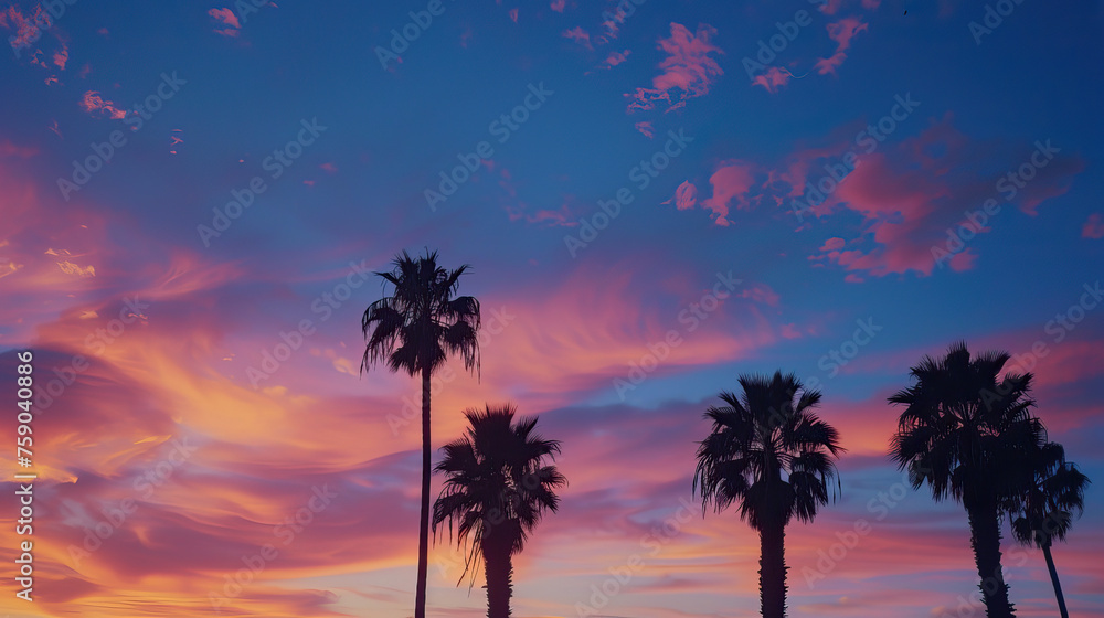 Modern city street with palm trees, malibu sunset sky, blue, orange and pink, natural light, shadow play, background, texture, wallpaper