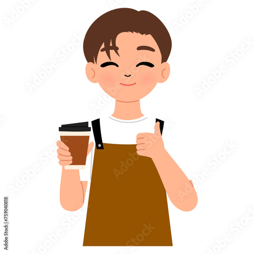 barista male wearing brown apron holding a coffee cup character illustration