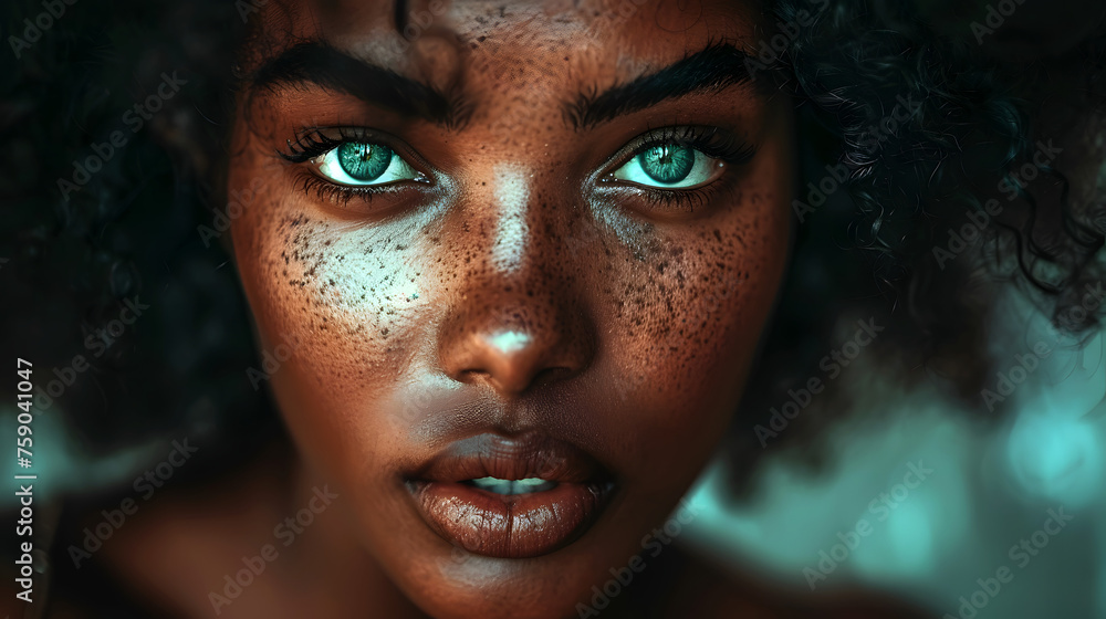 Close-up of a beautiful African American woman with blue eyes