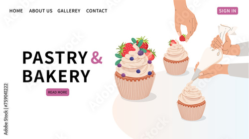Sweet bakery shop website template. Decorating cake with cream. Pastry Bag icing. Cupcake with berry
