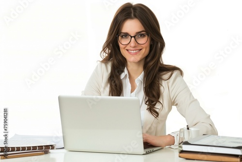 Woman Sitting at Desk With Laptop isolated on white © Generative ART