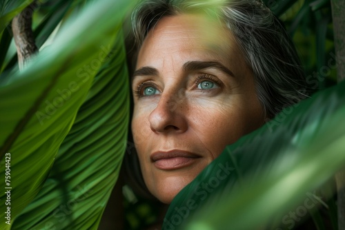 Woman Peeking Behind Green Plant