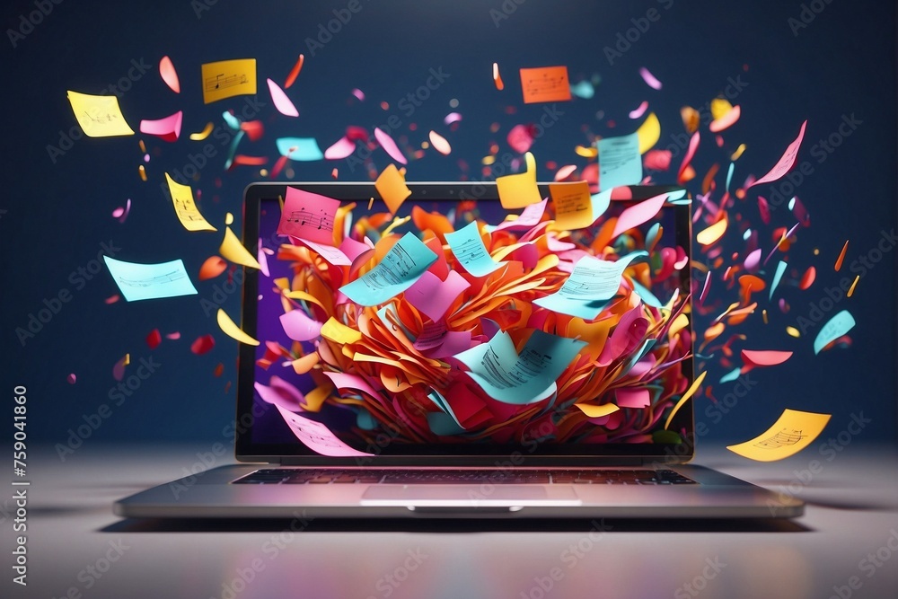 Notes Flying from Laptop Screen, Creative Image, Equalizer