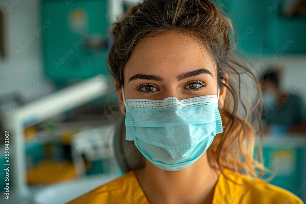 Portrait of female dentist wearing protective face mask sitting in dental clinic Portrait of female dentist wearing protective face mask sitting in dental clinic