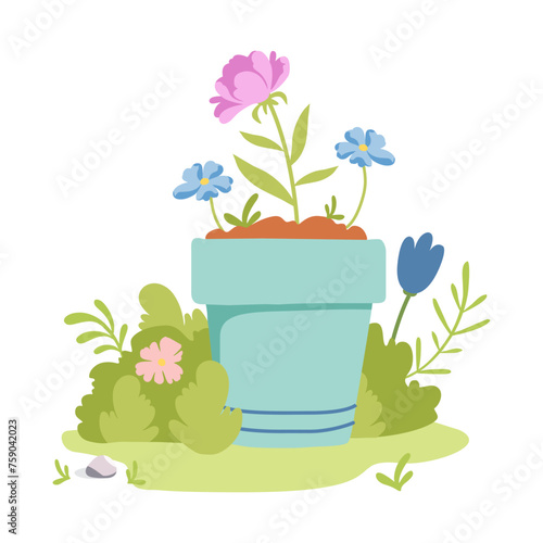 Spring pot with flowers. Gardening tools and plant care. Home garden composition. Spring or summer.