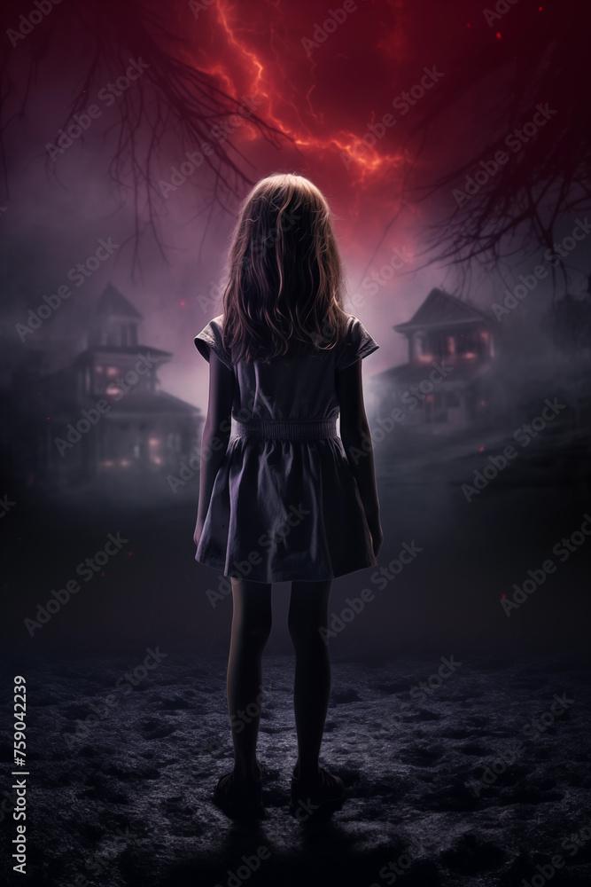 Back view of a young blond girl. Haunted houses. Cinematic horror movie style concept. Foggy dark paranormal background. Halloween themed. Back light glowing ghostly mood. 