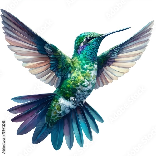 watercolour paint Broad Billed cute Hummingbird on a pure white background 