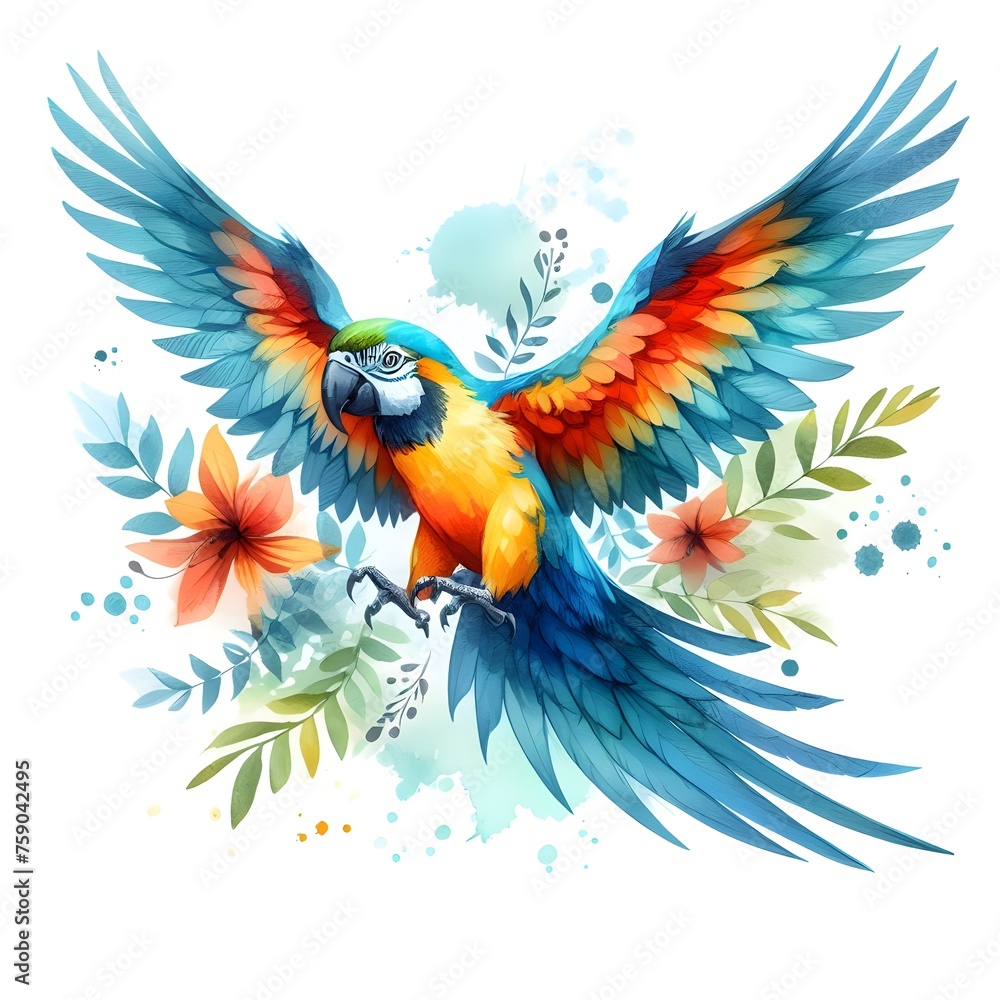 Obraz premium Hand draw watercolour paint Flying parrot on a pure white background 