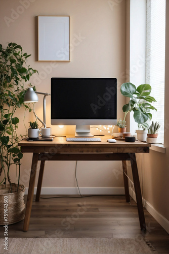 Feminine Home Office: Elegant Coziness with Computer on Wooden Desk