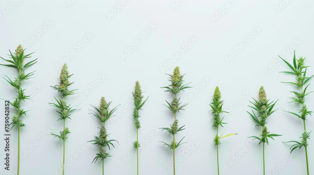 A row of cannabis plants with visible flowering tops isolated on a minimalistic white background - obrazy, fototapety, plakaty 