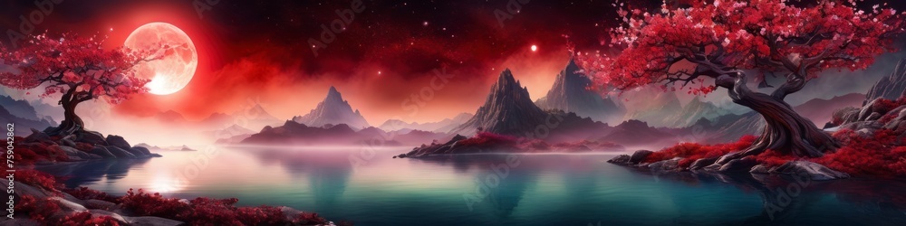 Futuristic night landscape in red colors, background for social media banner, website and for your design, place for text	