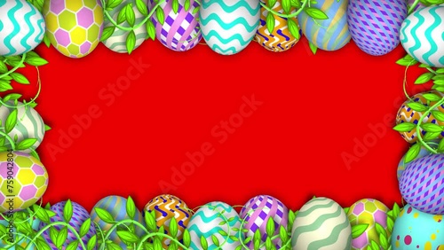 Beautiful easter holiday frame with colourful eggs in different designs and plant leaves. Easter decoration frame.