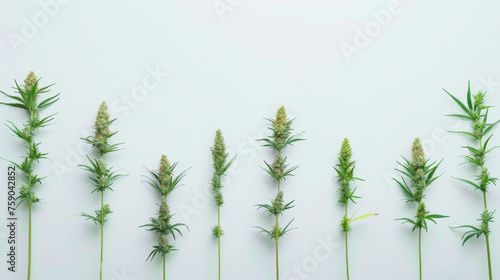 A row of cannabis plants with visible flowering tops isolated on a minimalistic white background