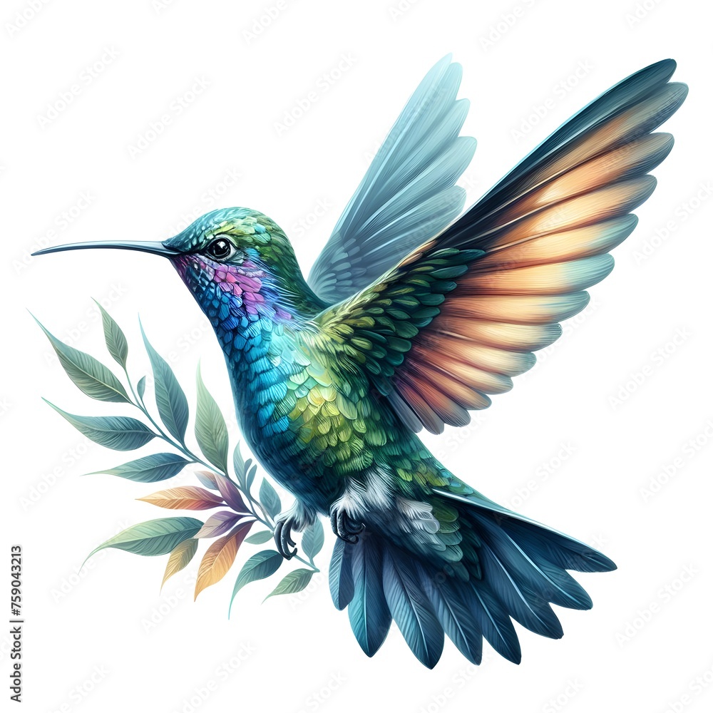 Obraz premium Hummingbird with tree brunch leaf painting art isolated on white background