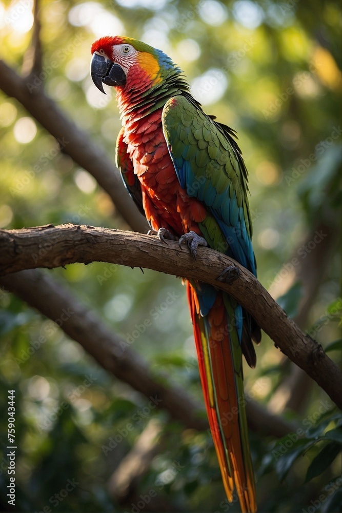 Close-up of a large multicolored parrot standing on a branch of a tall tree