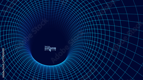 Blue Digital Tunnel or Wormhole. Wireframe Abstract Mesh with Hole. 3D Tunnel Grid Mesh. Blue Hi Tech Texture. Technology or Science Vector Illustation.